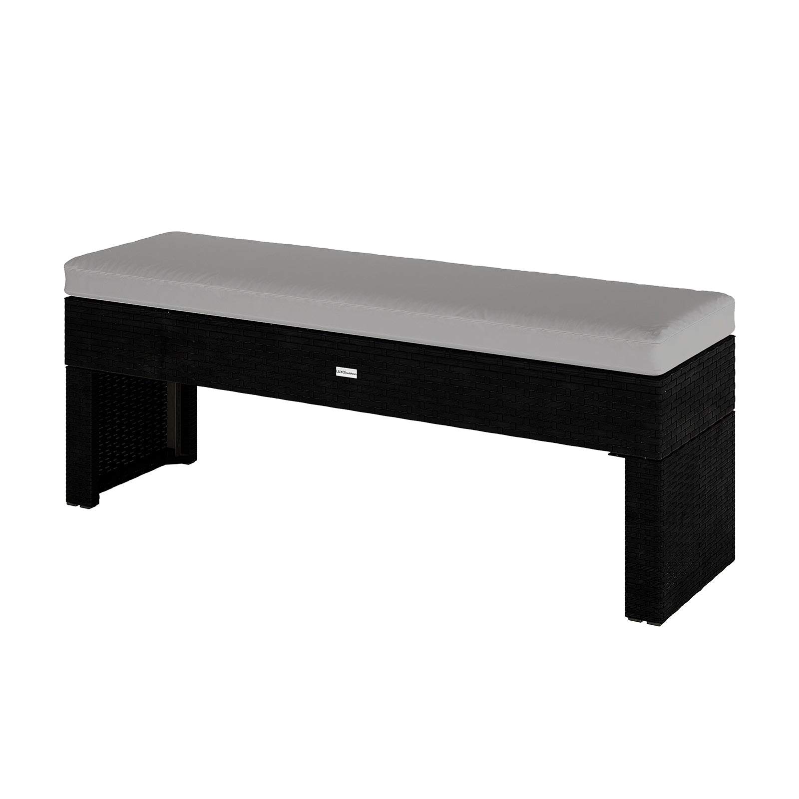 Kummi 4 Seater Outdoor Dining Bench Set in Natural & Warm Grey features a black synthetic wicker bench with a light-gray upholstered cushion, ideal for stylish patio seating.