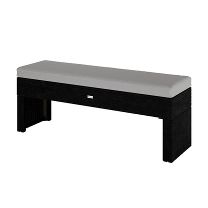Kummi 4 Seater Outdoor Dining Bench Set in Natural & Warm Grey features a black synthetic wicker bench with a light-gray upholstered cushion, ideal for stylish patio seating.
