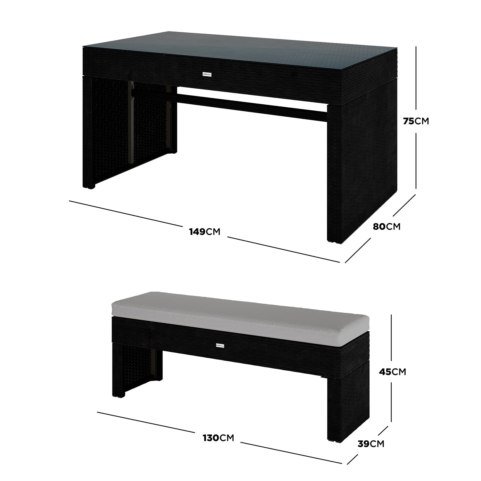 Kummi 4 Seater Outdoor Dining Bench Set in Natural & Warm Grey: Black synthetic wicker table with a glass top, and a matching bench with a light-grey cushion, ideal for alfresco dining.
