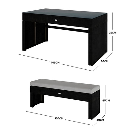 Kummi 4 Seater Outdoor Dining Bench Set in Natural & Warm Grey: Black synthetic wicker table with a glass top, and a matching bench with a light-grey cushion, ideal for alfresco dining.