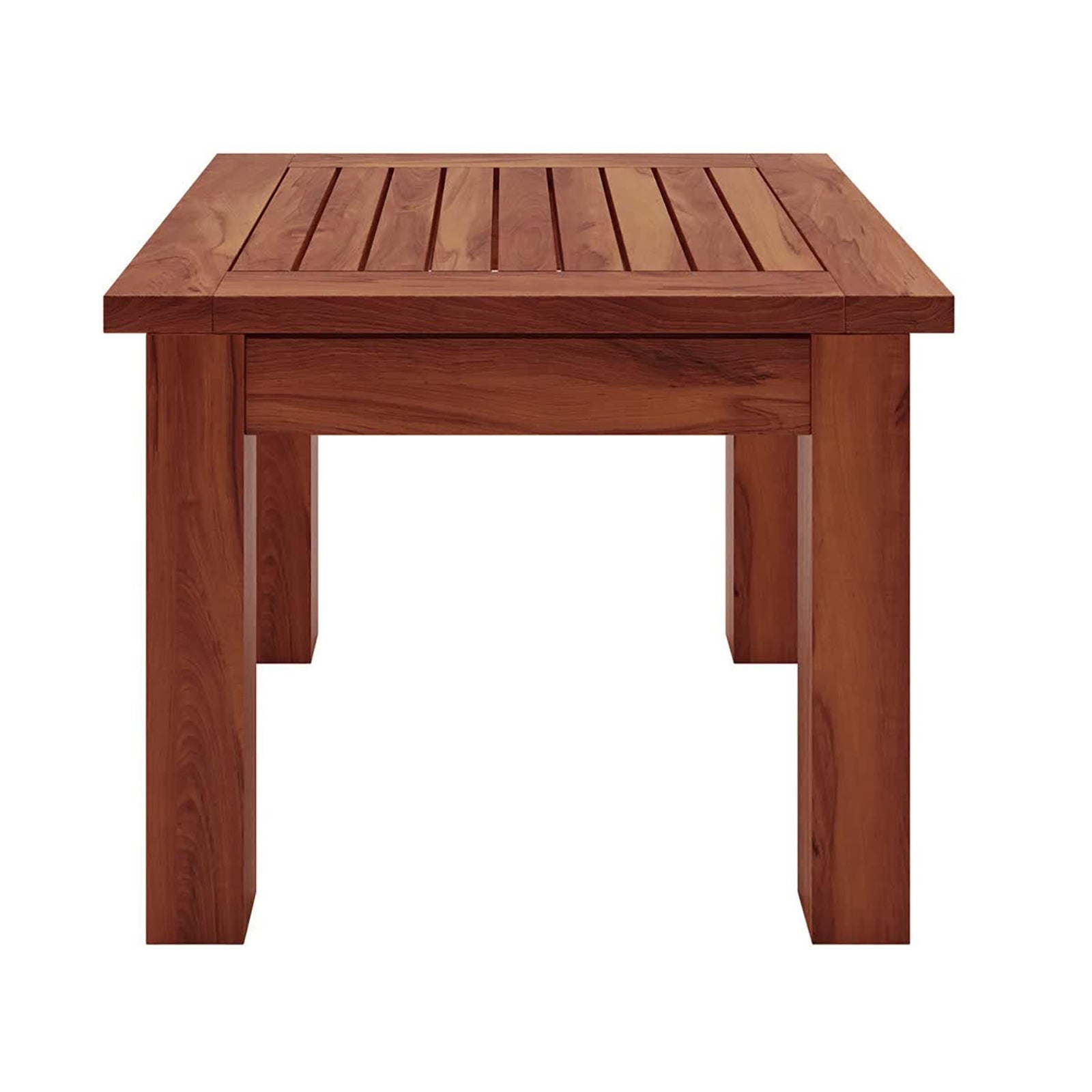 Close-up of the Laurette Timber Outdoor Side Table Natural, showcasing its FSC Eucalyptus wood grain texture, emphasizing its durability for outdoor use. Ideal for placing drinks and essentials while enjoying the sun.