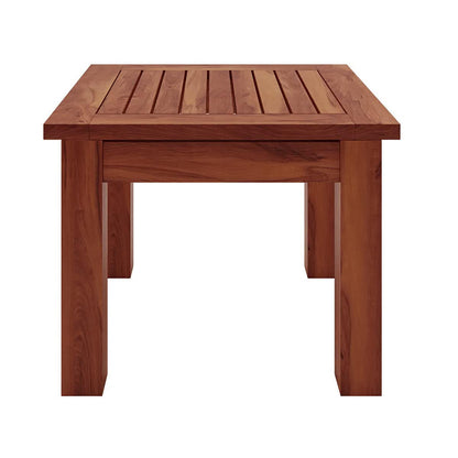 Close-up of the Laurette Timber Outdoor Side Table Natural, showcasing its FSC Eucalyptus wood grain texture, emphasizing its durability for outdoor use. Ideal for placing drinks and essentials while enjoying the sun.