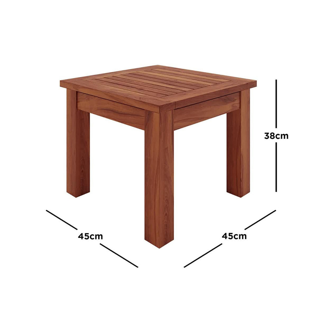 Laurette Timber Outdoor Side Table Natural, showcasing a close-up of its durable FSC Eucalyptus wood with visible grain texture, highlighting its craftsmanship and suitability for both indoor and outdoor use.
