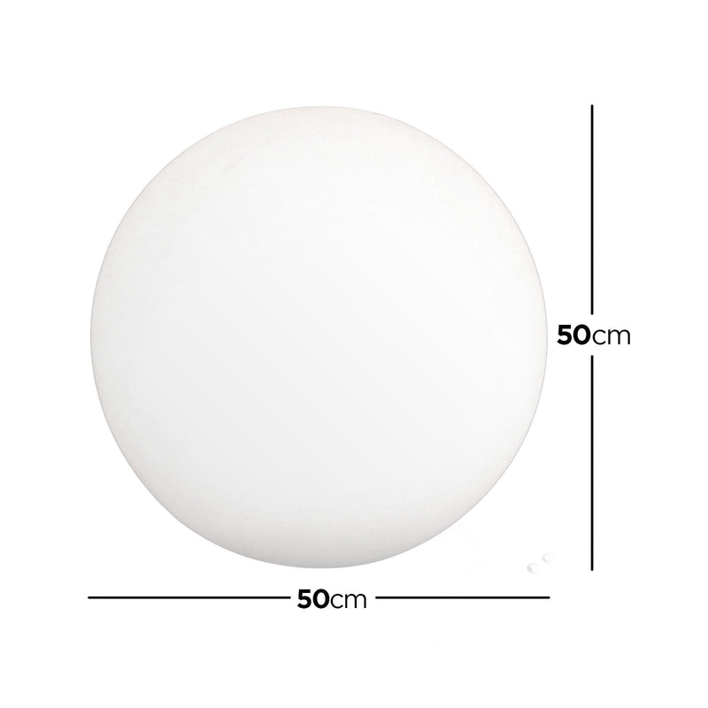 Waterproof Outdoor LED Ball Lights Décor 50cm, a sleek white sphere with a black border, displayed with a measuring tape for size reference, showcasing its versatility and stylish design for outdoor settings. - Dimensions