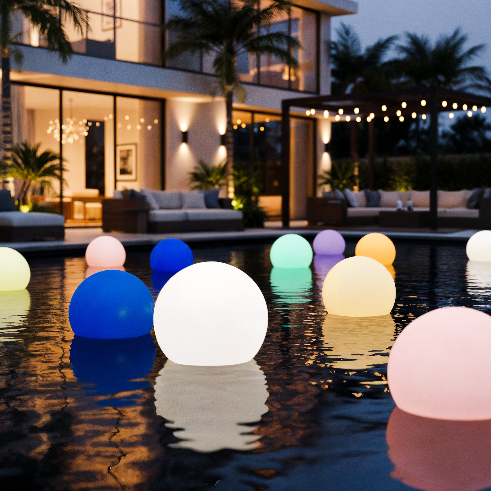 Sphero 50cm Floating Waterproof Outdoor LED Ball Lights illuminate a dusk backyard pool, surrounded by a chic lounge area and palm trees, creating a vibrant, resort-like ambiance.