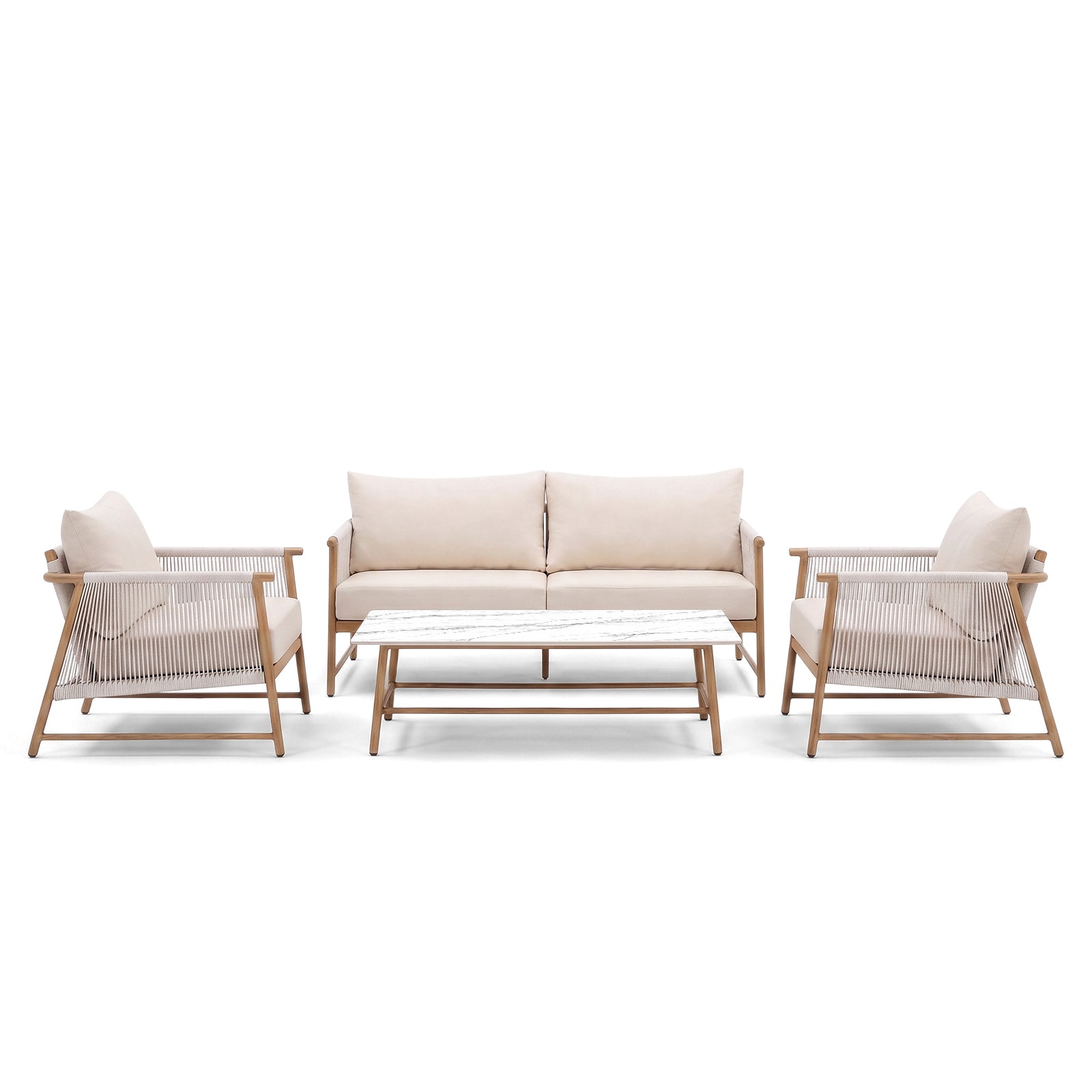 Outdoor lounge furniture set including sofa, two armchairs, and coffee table on white background