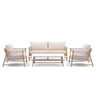 Outdoor lounge furniture set including sofa, two armchairs, and coffee table on white background