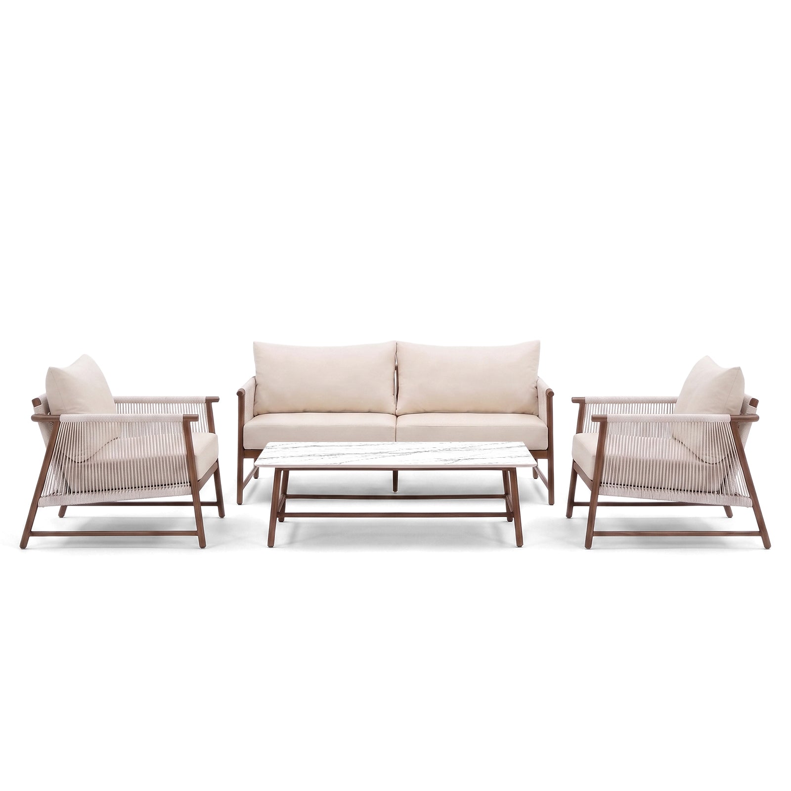 Modern outdoor seating set with sofa, two armchairs, and coffee table on a white background