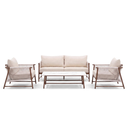 Modern outdoor seating set with sofa, two armchairs, and coffee table on a white background