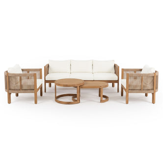 Outdoor furniture set with sofa, two armchairs, and two round coffee tables on a white background