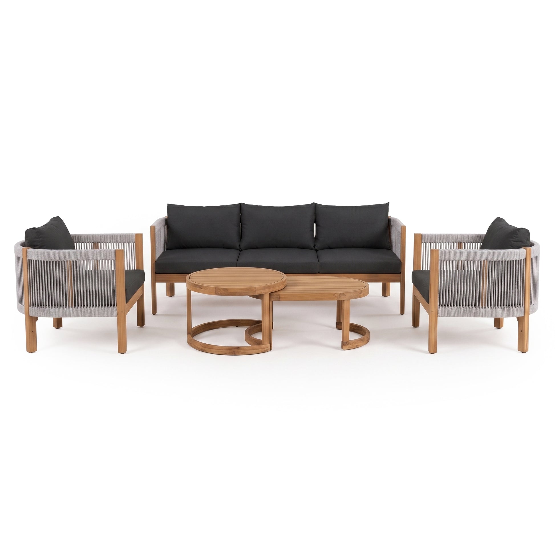 Modern outdoor furniture set on a white background with sofa, chairs, and coffee tables