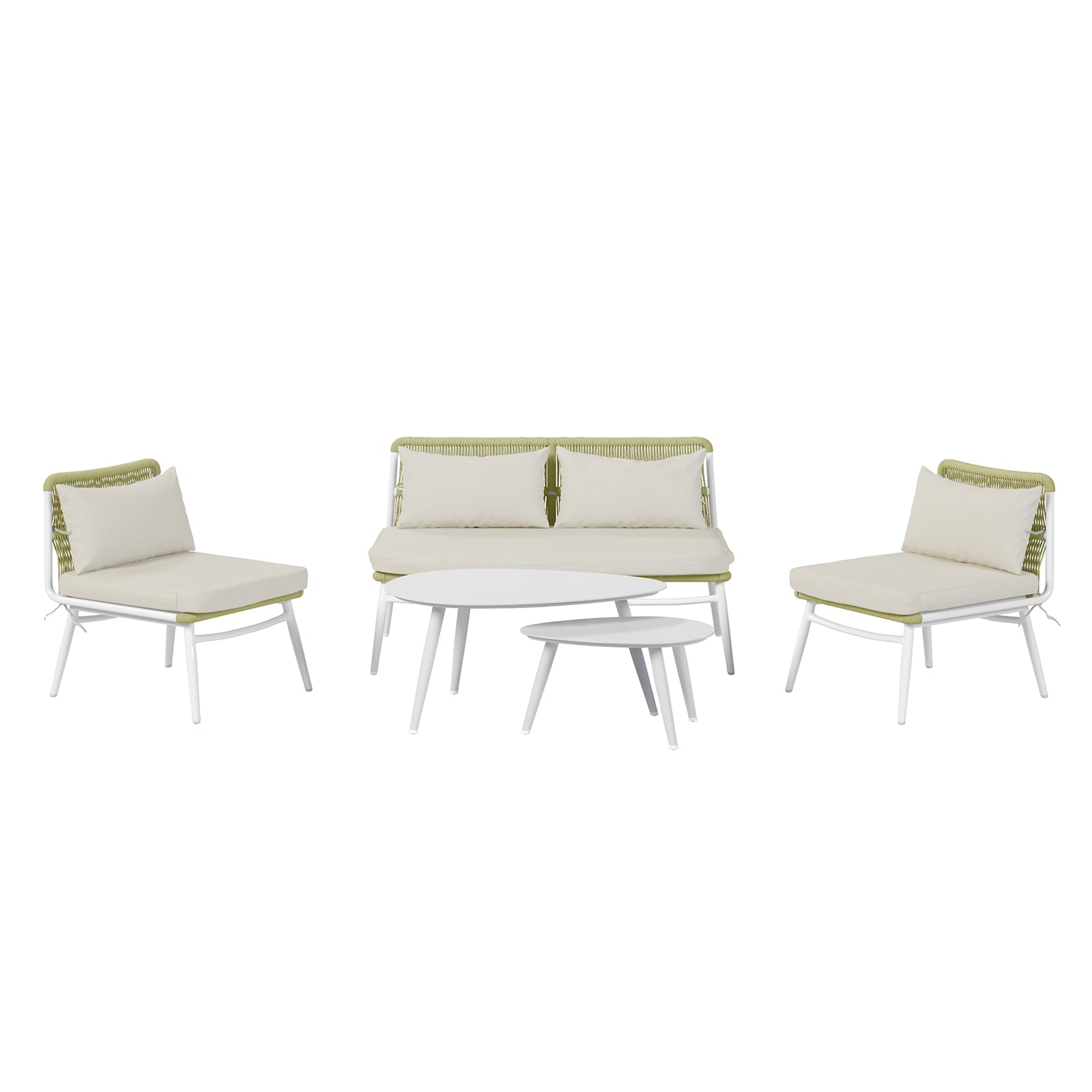 Lowanna 4pc Aluminium Rope Wicker Outdoor Lounge Set Mint Green featuring a green chair with a white pillow, showcasing its sturdy design and inviting comfort for outdoor relaxation.