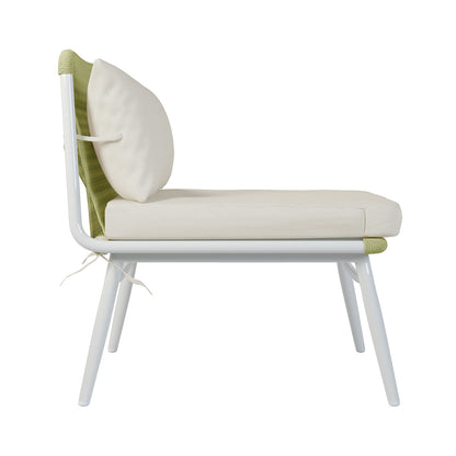 Lowanna 4pc Aluminium Rope Wicker Outdoor Lounge Set featuring a white chair with a green cushion, showcasing the modern design and comfort ideal for outdoor relaxation.