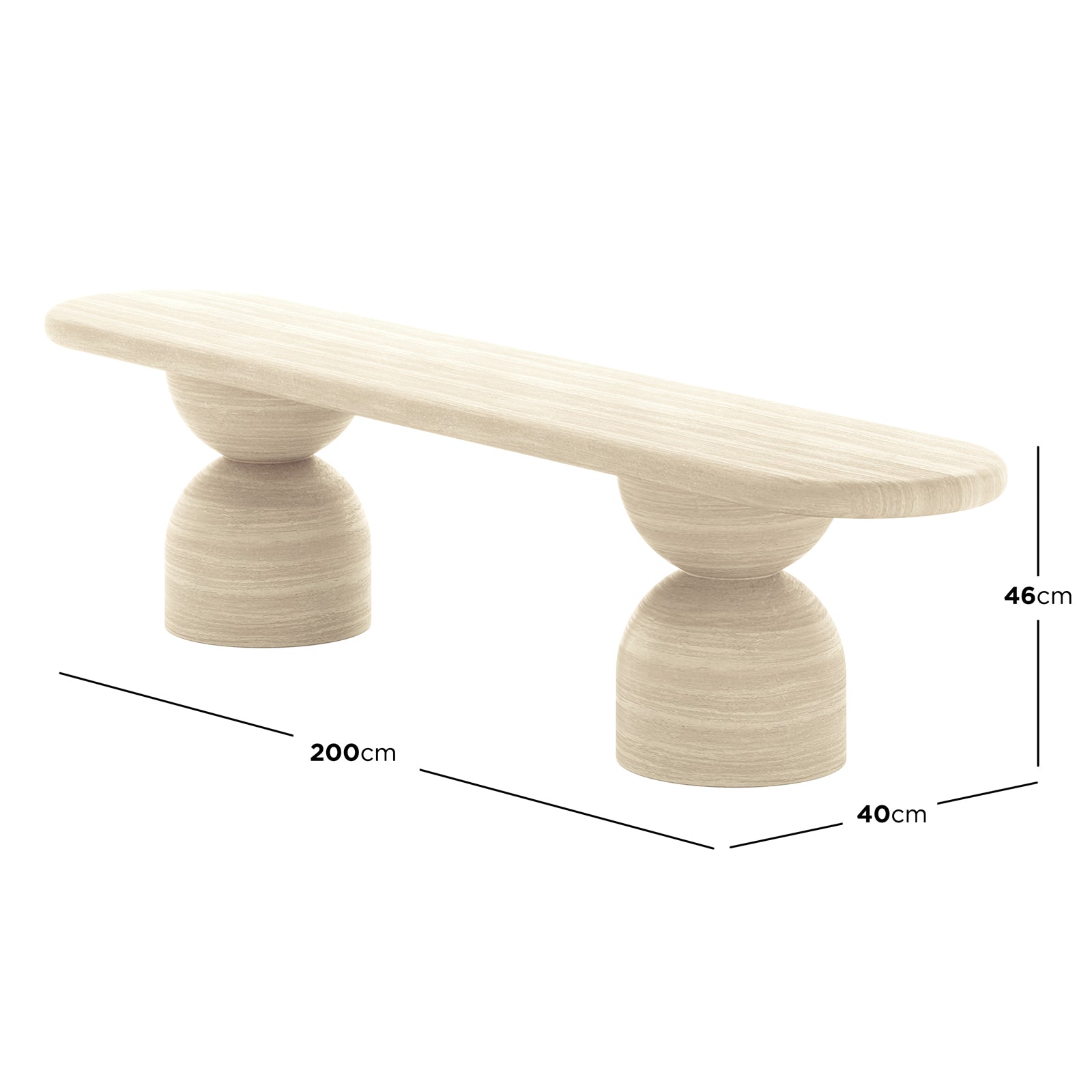 Close-up of the Lumen 200cm Oval Indoor/Outdoor Concrete Dining Bench Seat, showcasing its sleek oval shape and sturdy cone-shaped base, highlighting its modern design and robust construction.