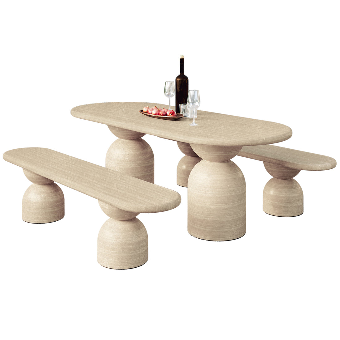Lumen Indoor/Outdoor Concrete Dining Table Set with Bench Beige on a table, featuring a plate of pomegranates and wine glasses, showcasing its elegant oval shape and cone-shaped bases.