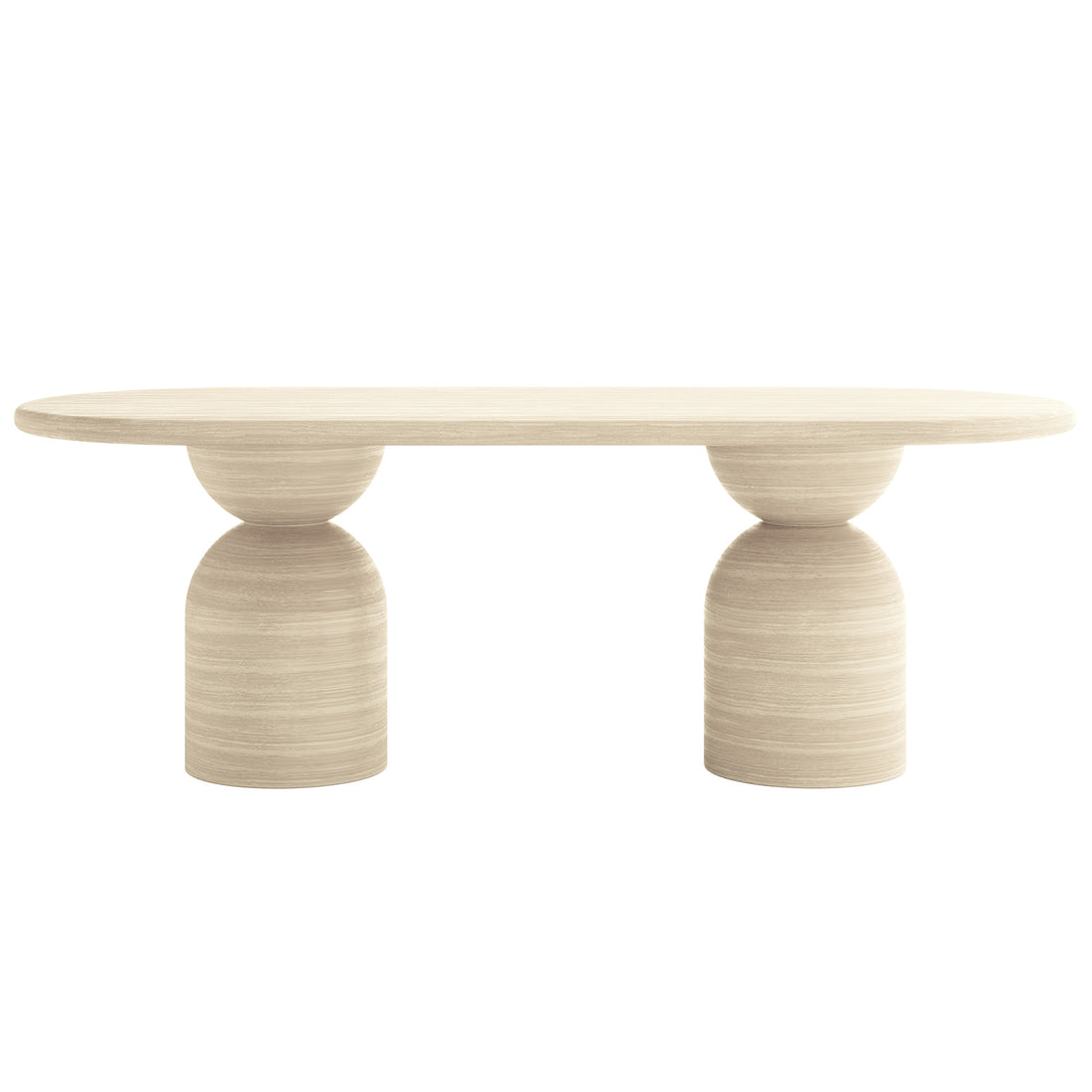 Close-up of Lumen Indoor/Outdoor Concrete Dining Table Set with Bench, showcasing the sleek, oval-shaped concrete table and bench with unique cone-shaped bases, emphasizing modern design and robust construction.