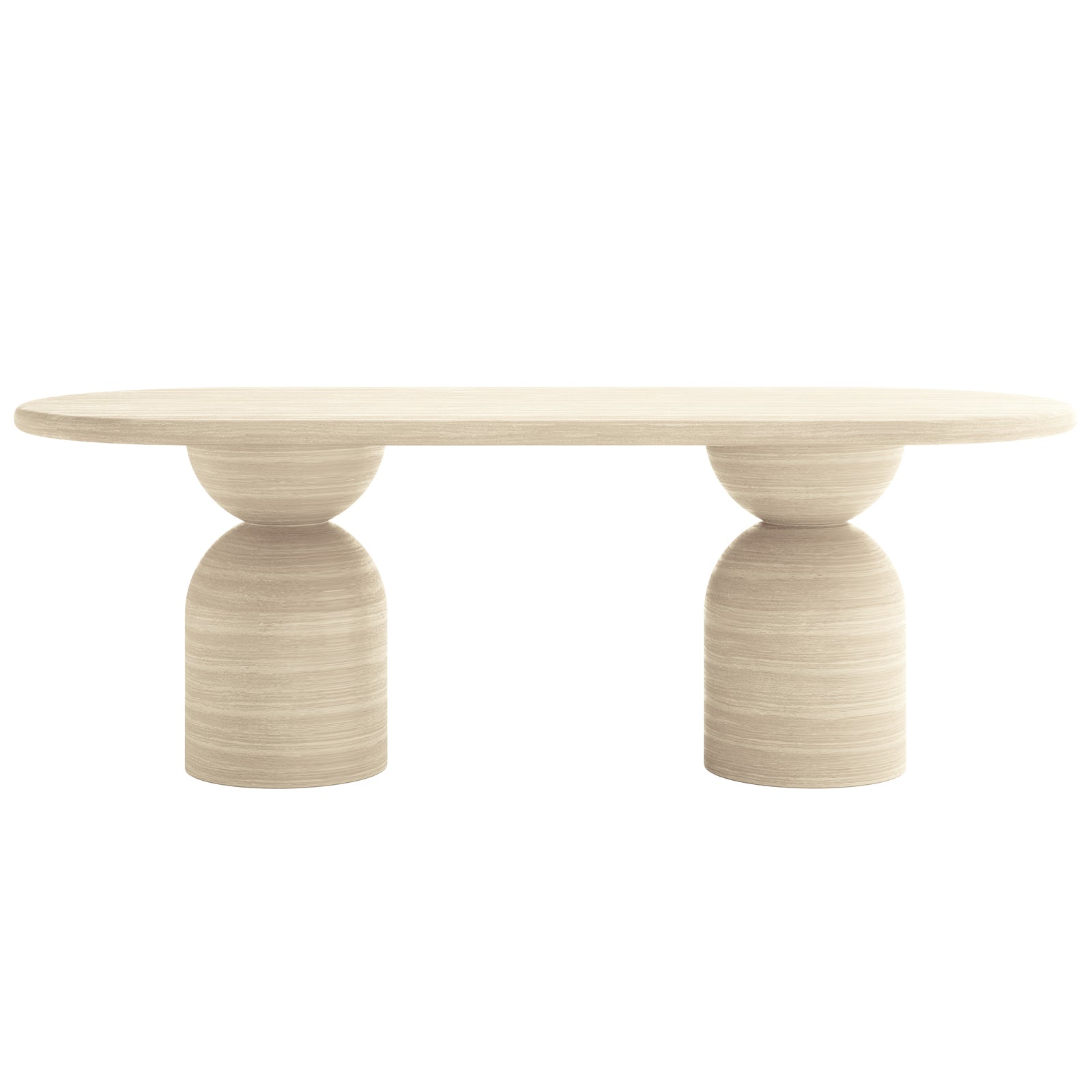 Close-up of Lumen Indoor/Outdoor Concrete Dining Table Set with Bench, showcasing the sleek, oval-shaped concrete table and bench with unique cone-shaped bases, emphasizing modern design and robust construction.