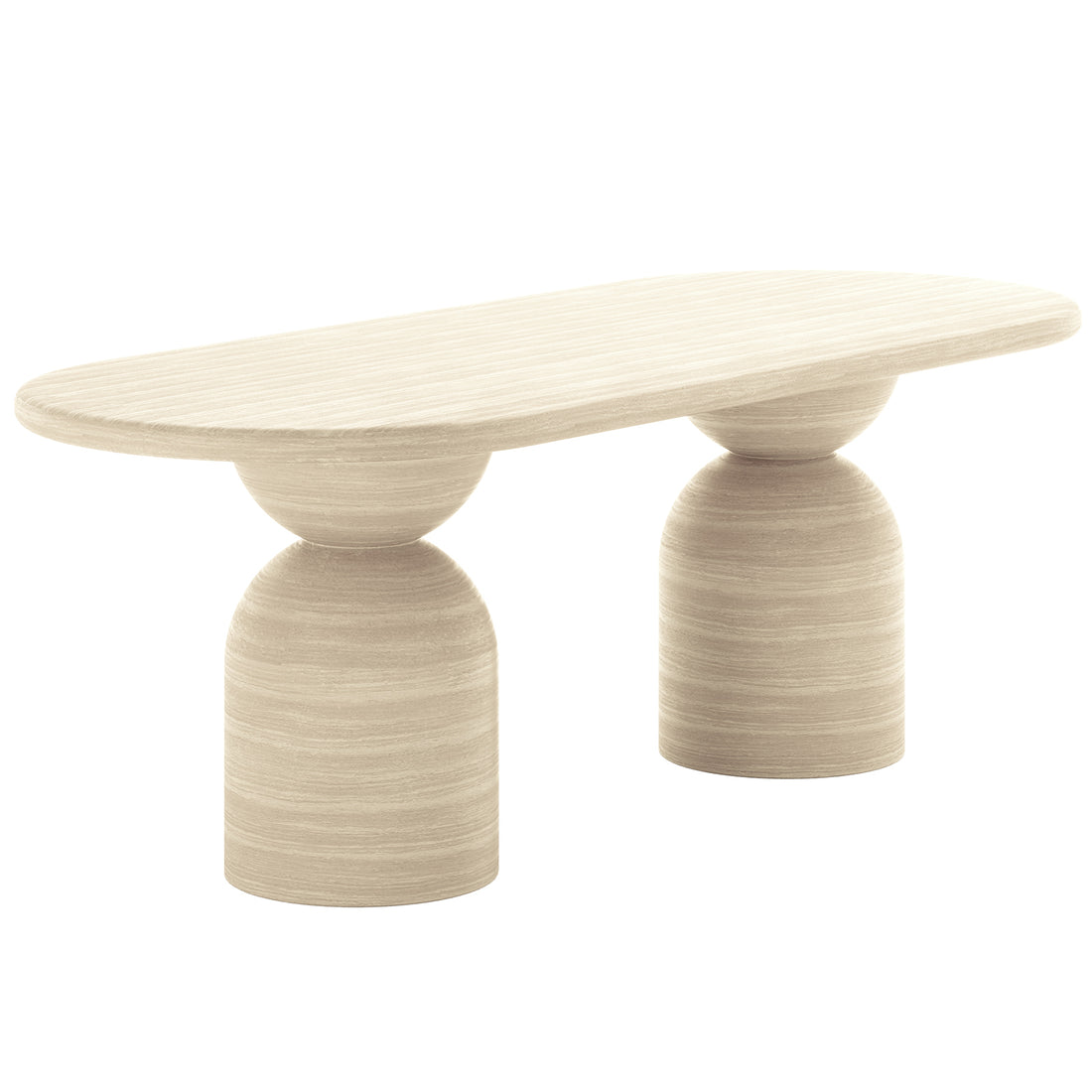 Close-up of the Lumen Indoor/Outdoor Concrete Dining Table Set with Bench Beige, highlighting the robust concrete construction, oval shapes, and unique cone-shaped bases for modern aesthetic and stability.