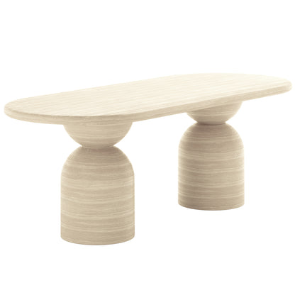 Close-up of the Lumen Indoor/Outdoor Concrete Dining Table Set with Bench Beige, highlighting the robust concrete construction, oval shapes, and unique cone-shaped bases for modern aesthetic and stability.