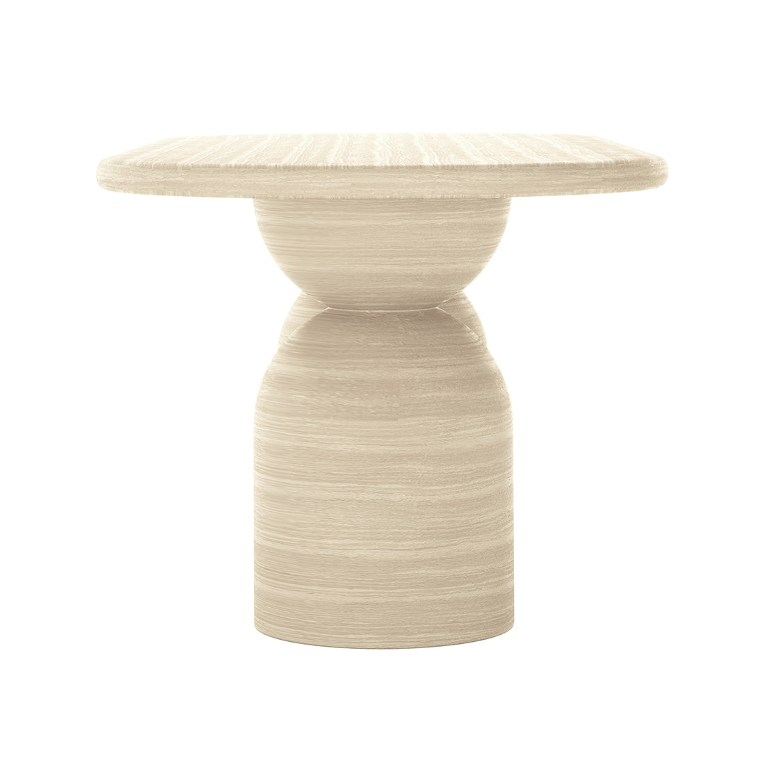 Lumen Indoor/Outdoor Concrete Dining Table Set with Bench Beige, featuring an elegant oval shape and unique cone-shaped base, displayed on a white round-top table, emphasizing its modern design and stability.