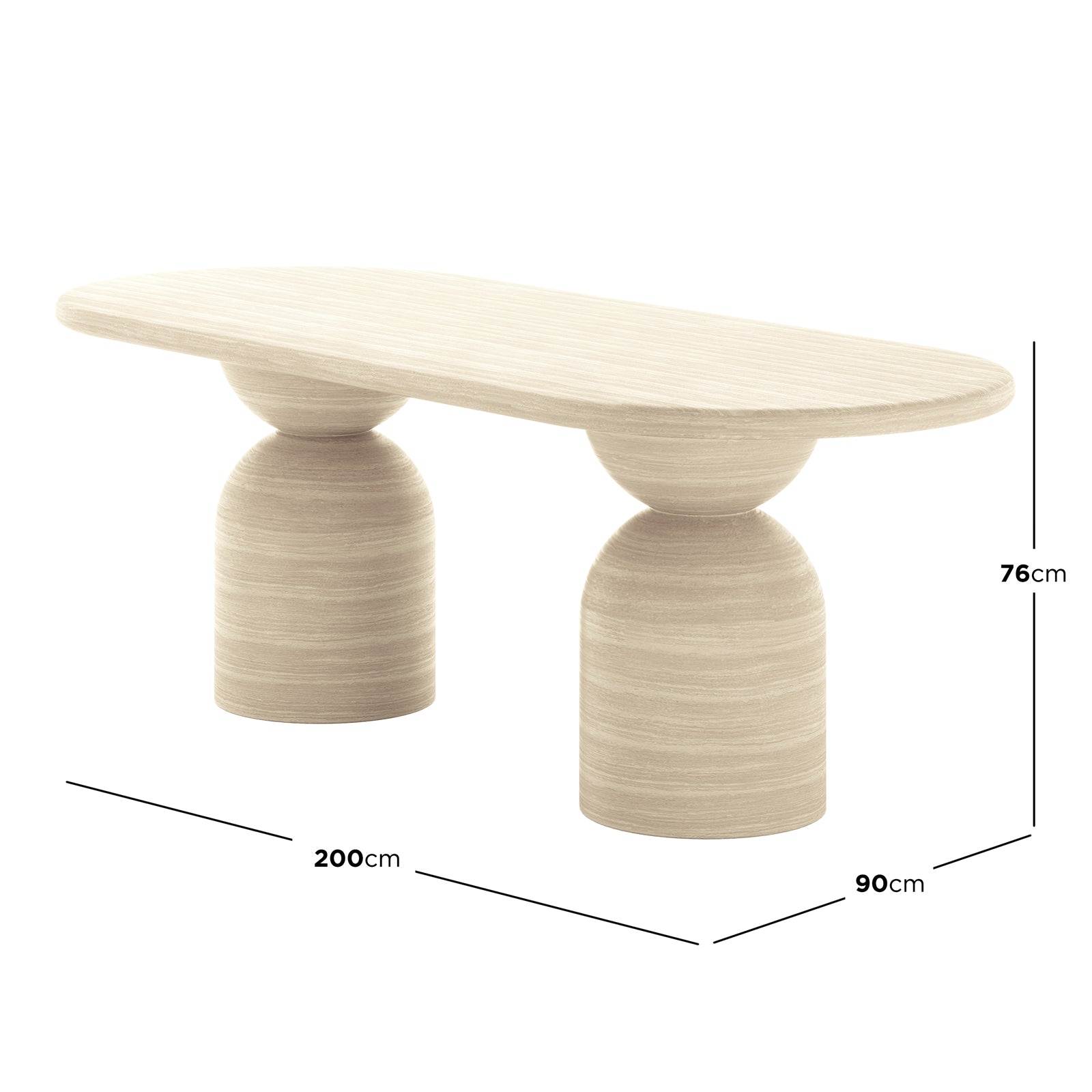 Close-up of Lumen Indoor/Outdoor Concrete Dining Table Set with Bench Beige, showcasing its elegant oval shape and unique cone-shaped base, highlighting the modern design and robust construction.