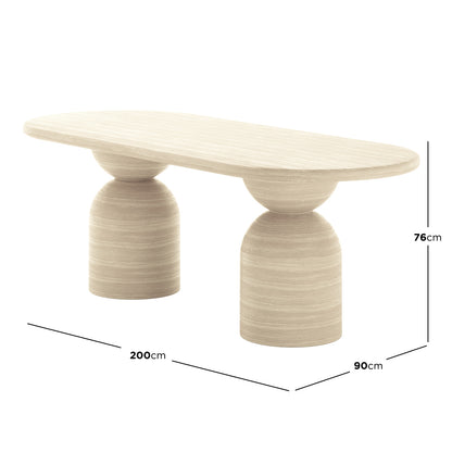 Close-up of Lumen Indoor/Outdoor Concrete Dining Table Set with Bench Beige, showcasing its elegant oval shape and unique cone-shaped base, highlighting the modern design and robust construction.