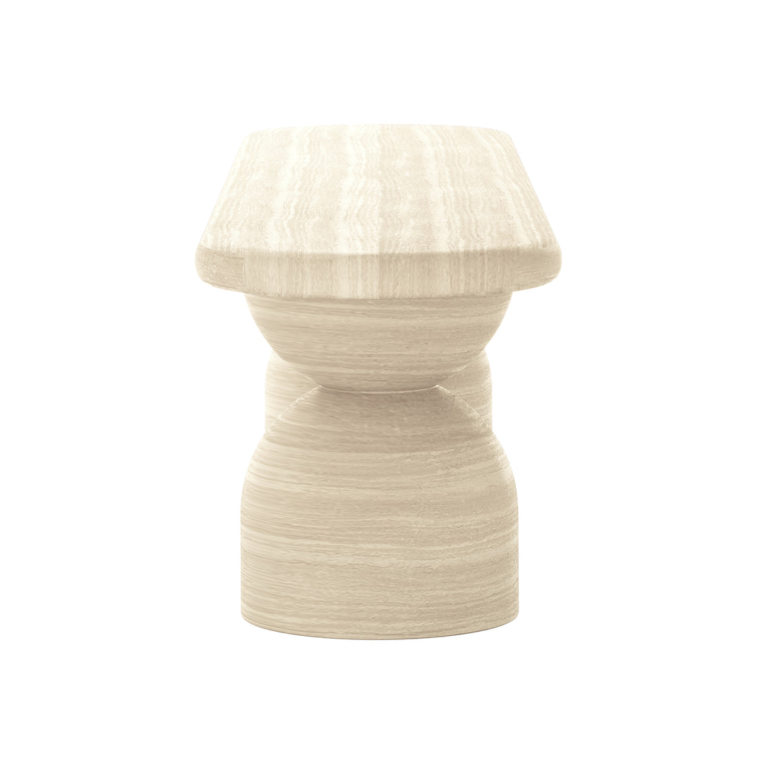 Lumen Indoor/Outdoor Concrete Dining Table Set with Bench Beige features an elegant oval design with a cone-shaped base, displayed on a white wooden table background, showcasing its modern, durable construction.