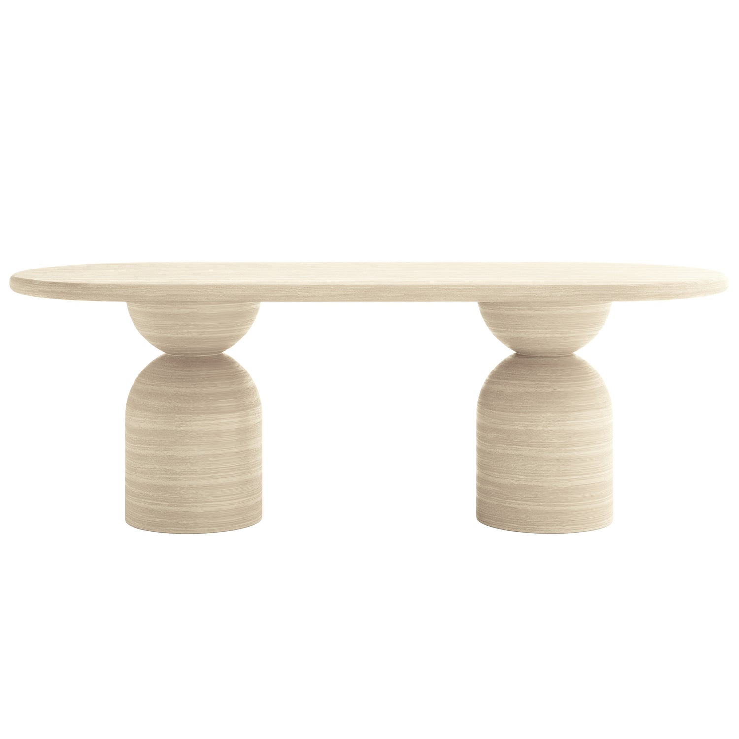 Lumen 220cm Oval Indoor/Outdoor Concrete Dining Table features a sleek oval shape with a distinctive cone-shaped base, highlighting its modern design and robust construction suitable for versatile indoor and outdoor use.