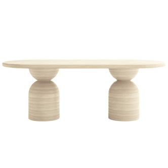 Lumen 220cm Oval Indoor/Outdoor Concrete Dining Table features a sleek oval shape with a distinctive cone-shaped base, highlighting its modern design and robust construction suitable for versatile indoor and outdoor use.