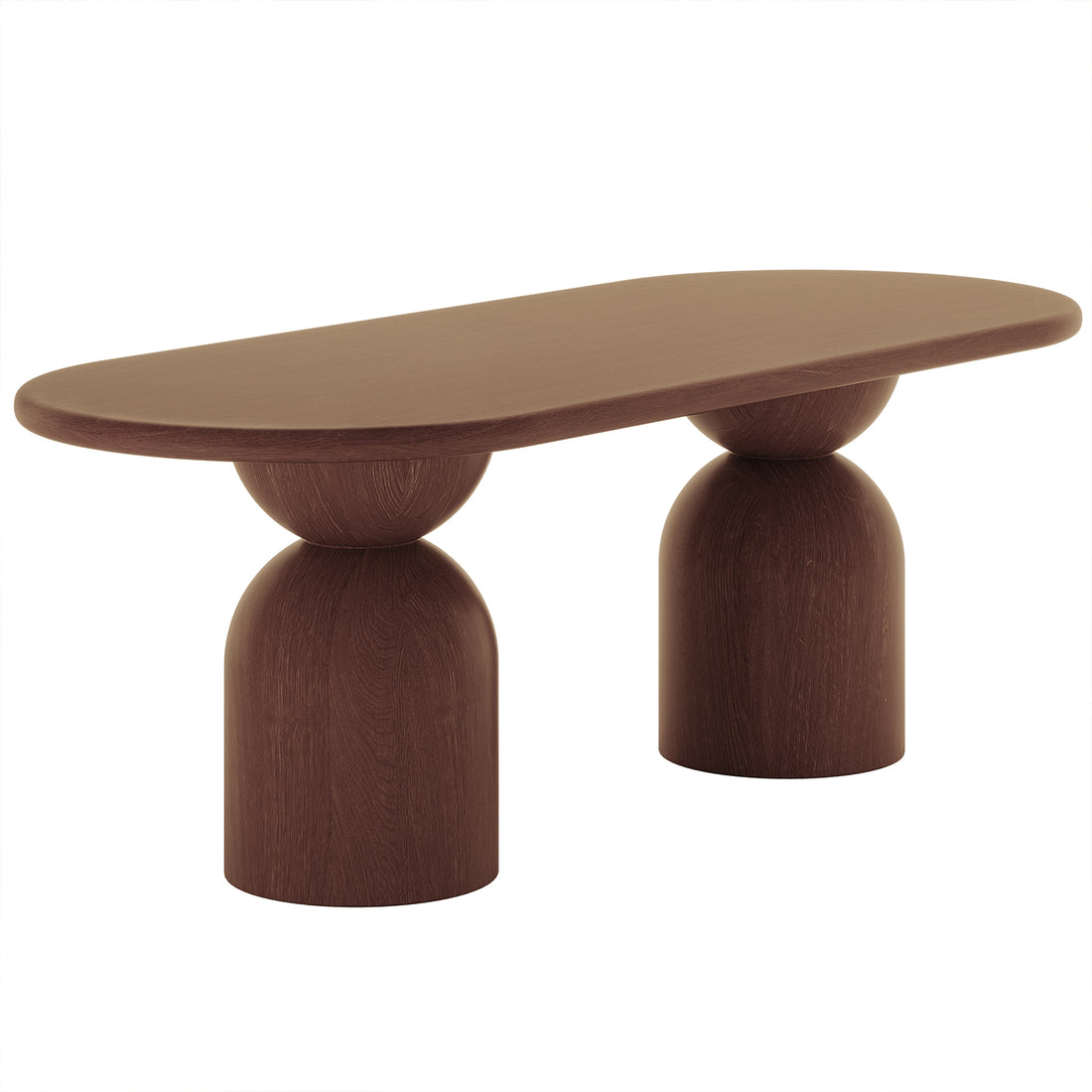 Close-up of the Lumen 220cm Oval Indoor/Outdoor Concrete Dining Table, showcasing its oval shape and unique cone-shaped base, highlighting its modern design and robust construction for versatile dining settings.