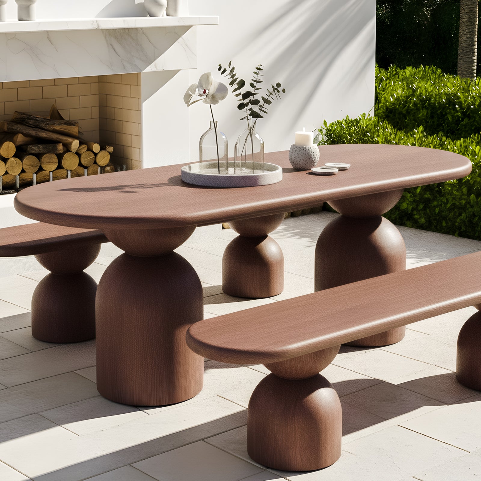 Outdoor bench with a rounded timber-grain top and dual sculptural, hourglass-shaped pedestal bases on a stone patio.