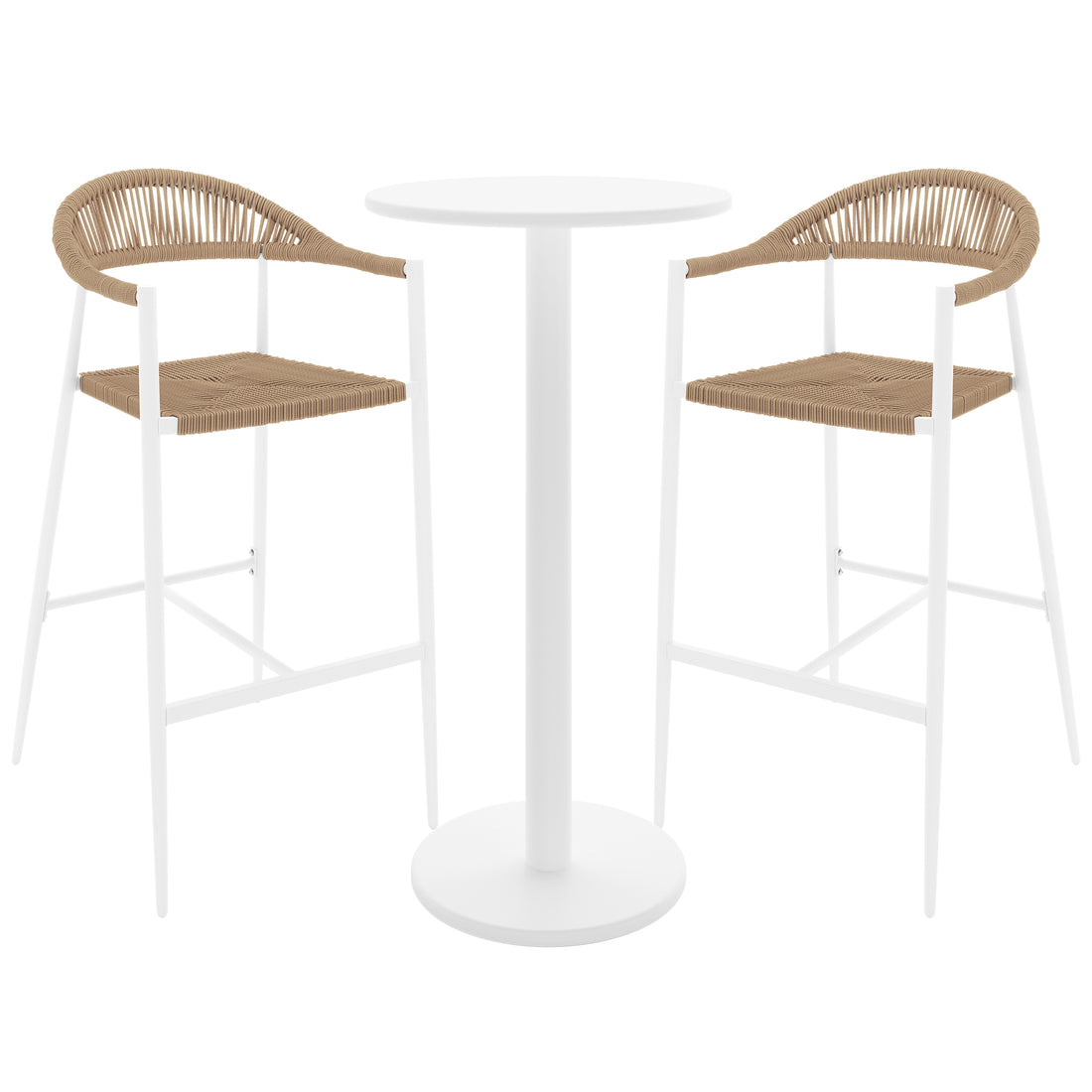 Luzon & Dinagat Wicker Outdoor Bar Table Set in Natural features a sleek white pedestal table with matching bar-height stools, showcasing woven tan seats and backs on white metal frames.