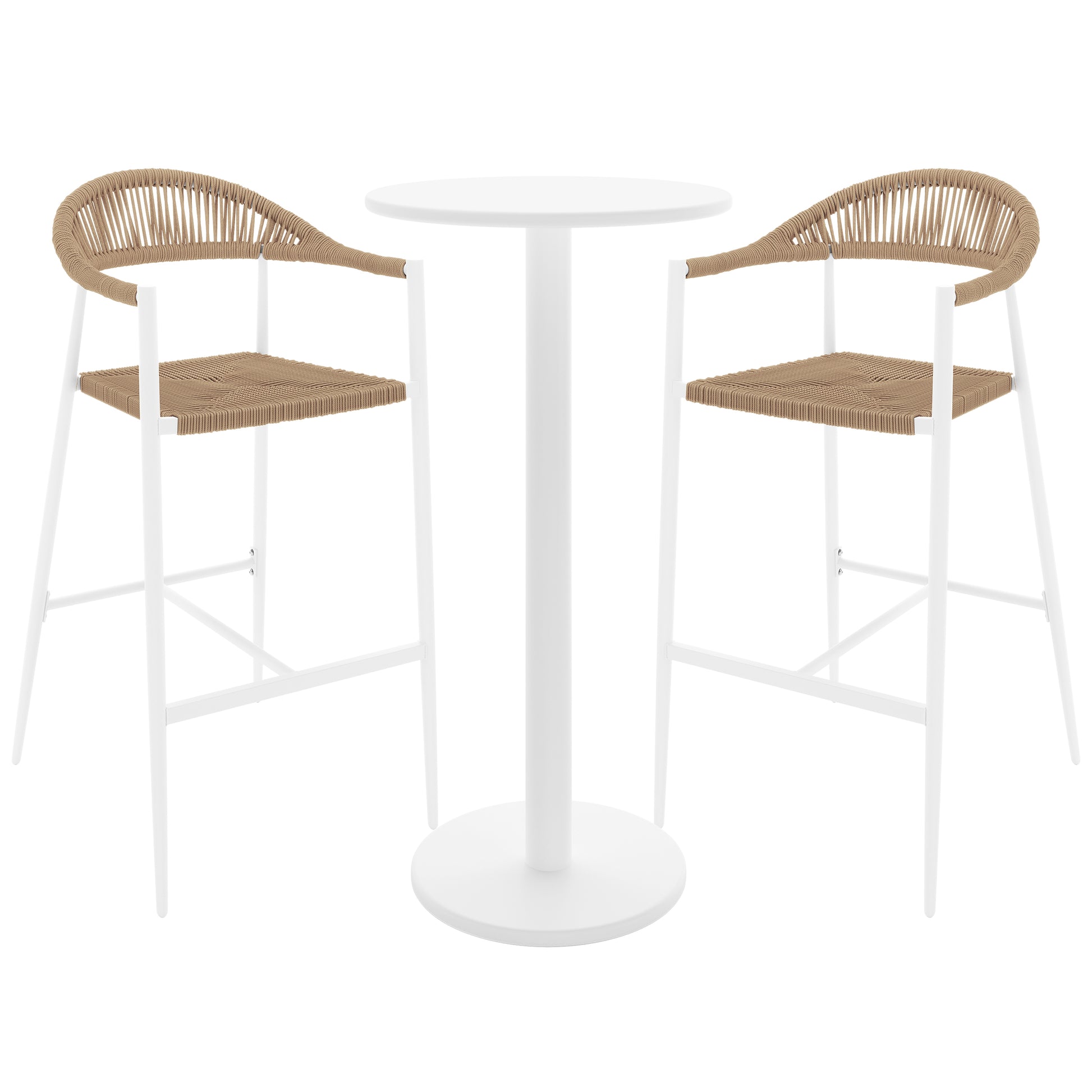 Luzon & Dinagat Wicker Outdoor Bar Table Set in Natural features a sleek white pedestal table with matching bar-height stools, showcasing woven tan seats and backs on white metal frames.