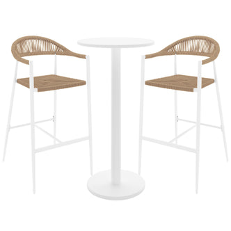 Luzon & Dinagat Wicker Outdoor Bar Table Set in Natural features a sleek white pedestal table with matching bar-height stools, showcasing woven tan seats and backs on white metal frames.