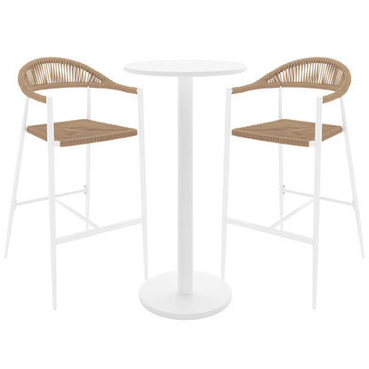 Luzon & Dinagat Wicker Outdoor Bar Table Set in Natural features a sleek white pedestal table with matching bar-height stools, showcasing woven tan seats and backs on white metal frames.