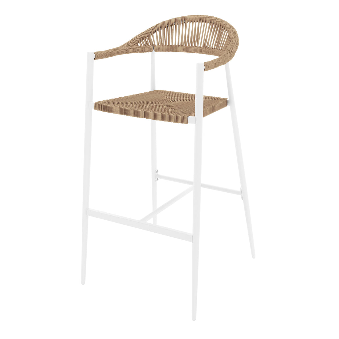 Luzon & Dinagat Wicker Outdoor Bar Table Set in Natural features a white metal frame with a woven tan seat and low backrest, showcasing modern design and coastal charm.