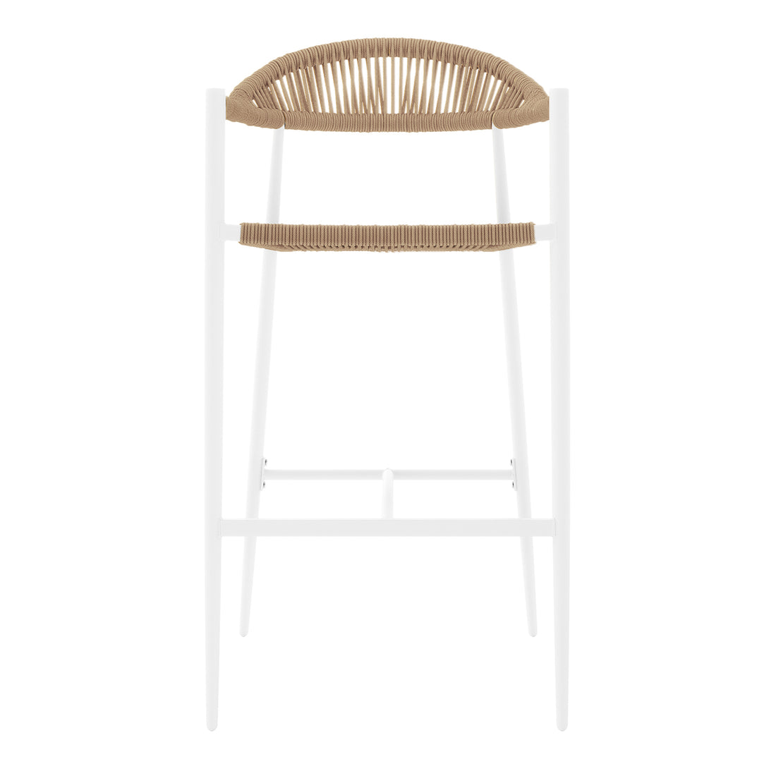 Luzon & Dinagat Wicker Outdoor Bar Table Set in Natural features a minimalist stool with a white metal frame and woven tan seat and low backrest, perfect for stylish, comfortable outdoor seating.