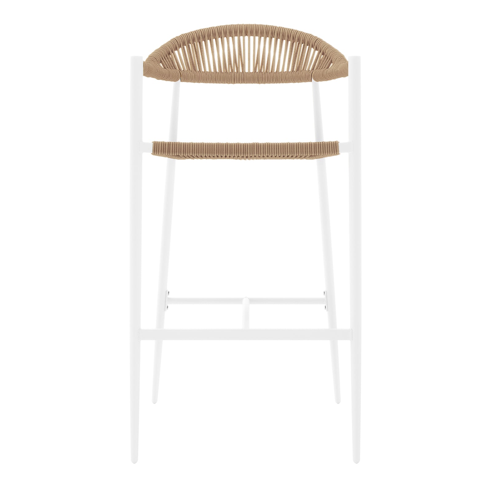 Luzon & Dinagat Wicker Outdoor Bar Table Set in Natural features a minimalist stool with a white metal frame and woven tan seat and low backrest, perfect for stylish, comfortable outdoor seating.