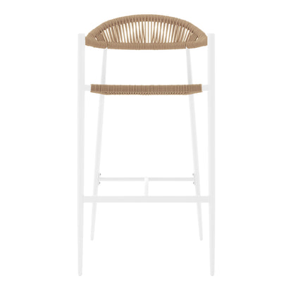 Luzon & Dinagat Wicker Outdoor Bar Table Set in Natural features a minimalist stool with a white metal frame and woven tan seat and low backrest, perfect for stylish, comfortable outdoor seating.