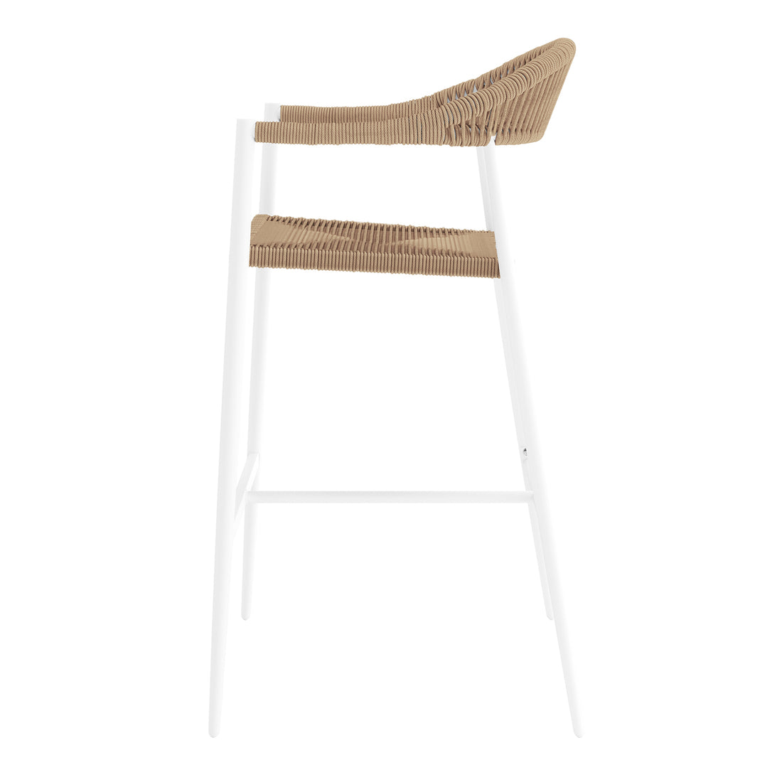 Luzon & Dinagat Wicker Outdoor Bar Table Set in Natural, featuring a sleek white metal frame with a tan woven rope seat and backrest, offering a light, airy aesthetic.