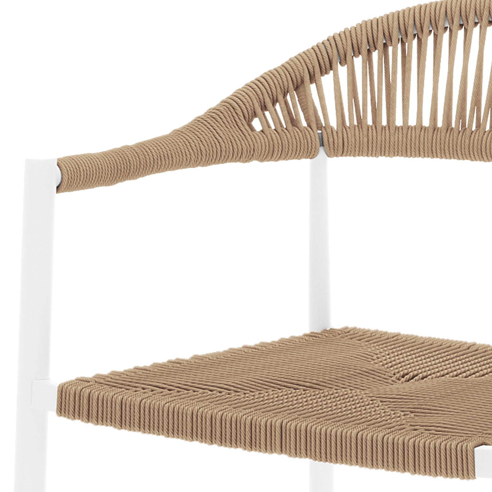 Close-up of Luzon & Dinagat Wicker Outdoor Bar Table Set, featuring a white chair frame with woven tan rope, showcasing modern design suitable for indoor or outdoor use.