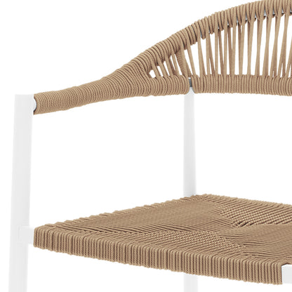 Close-up of Luzon & Dinagat Wicker Outdoor Bar Table Set, featuring a white chair frame with woven tan rope, showcasing modern design suitable for indoor or outdoor use.