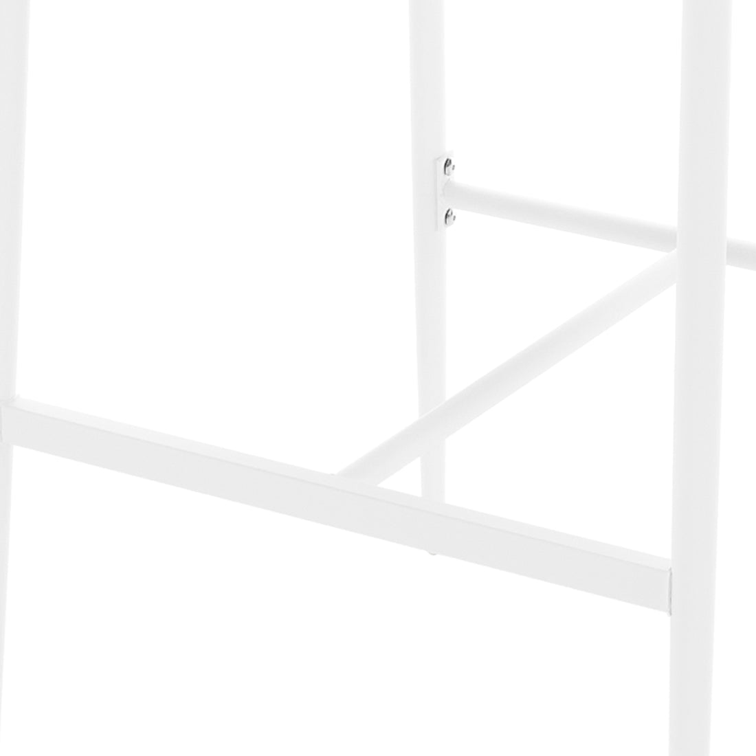 Close-up of the Luzon & Dinagat Wicker Outdoor Bar Table Set in Natural, featuring a white powder-coated metal frame with vertical posts, cross-bars, and visible screws, highlighting its sturdy construction.