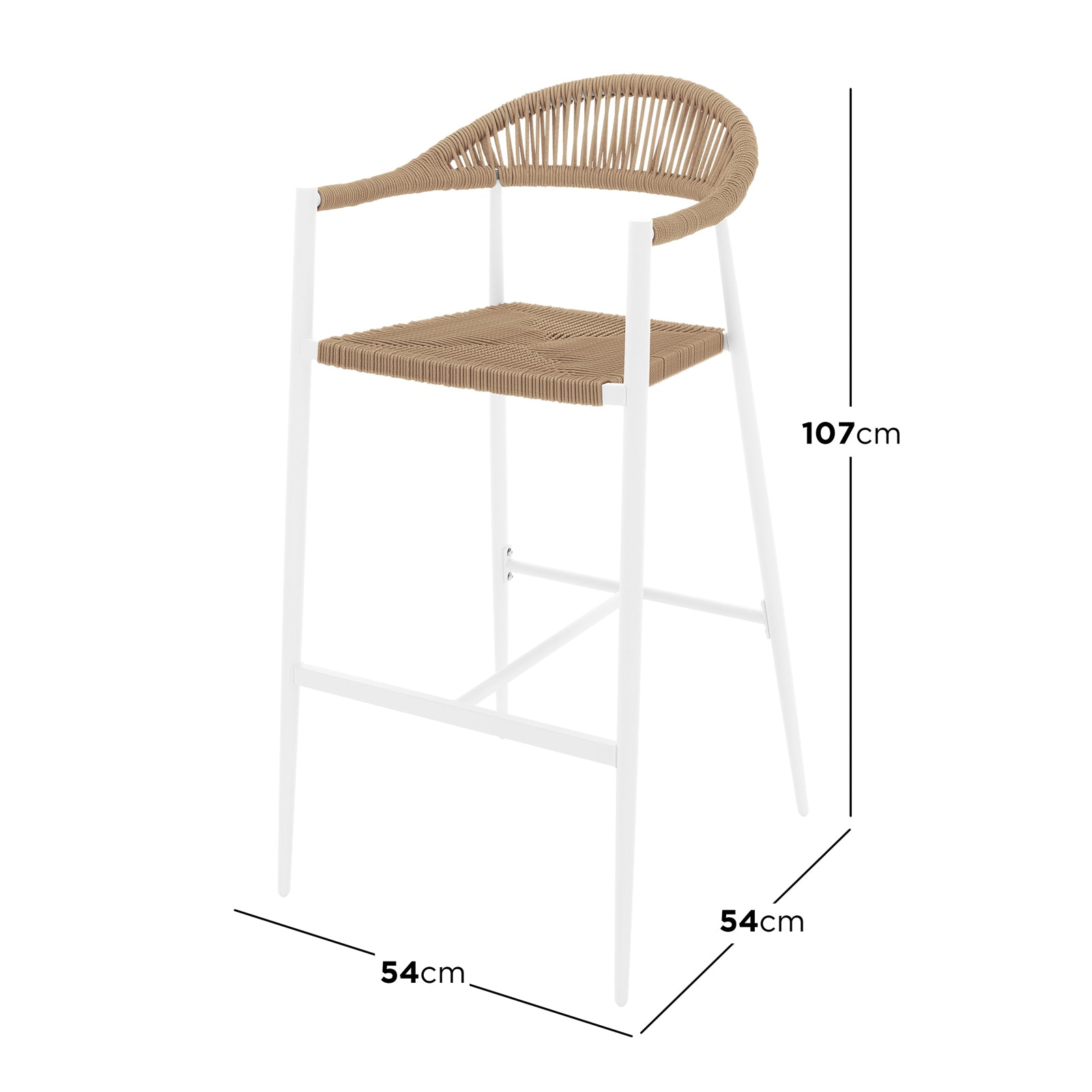 Luzon & Dinagat Wicker Outdoor Bar Table Set features a slender white metal frame stool with a tan woven rope seat and half-height backrest, measuring 54cm wide, 54cm deep, and 107cm tall.