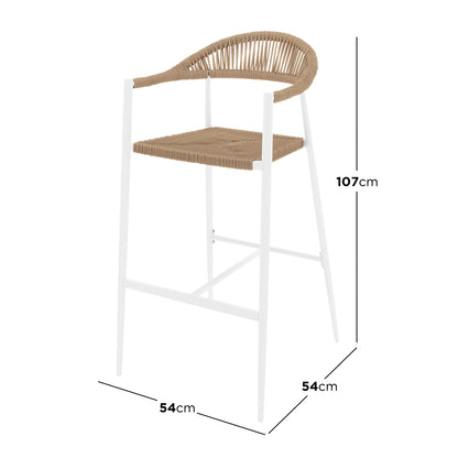 Luzon & Dinagat Wicker Outdoor Bar Table Set features a slender white metal frame stool with a tan woven rope seat and half-height backrest, measuring 54cm wide, 54cm deep, and 107cm tall.