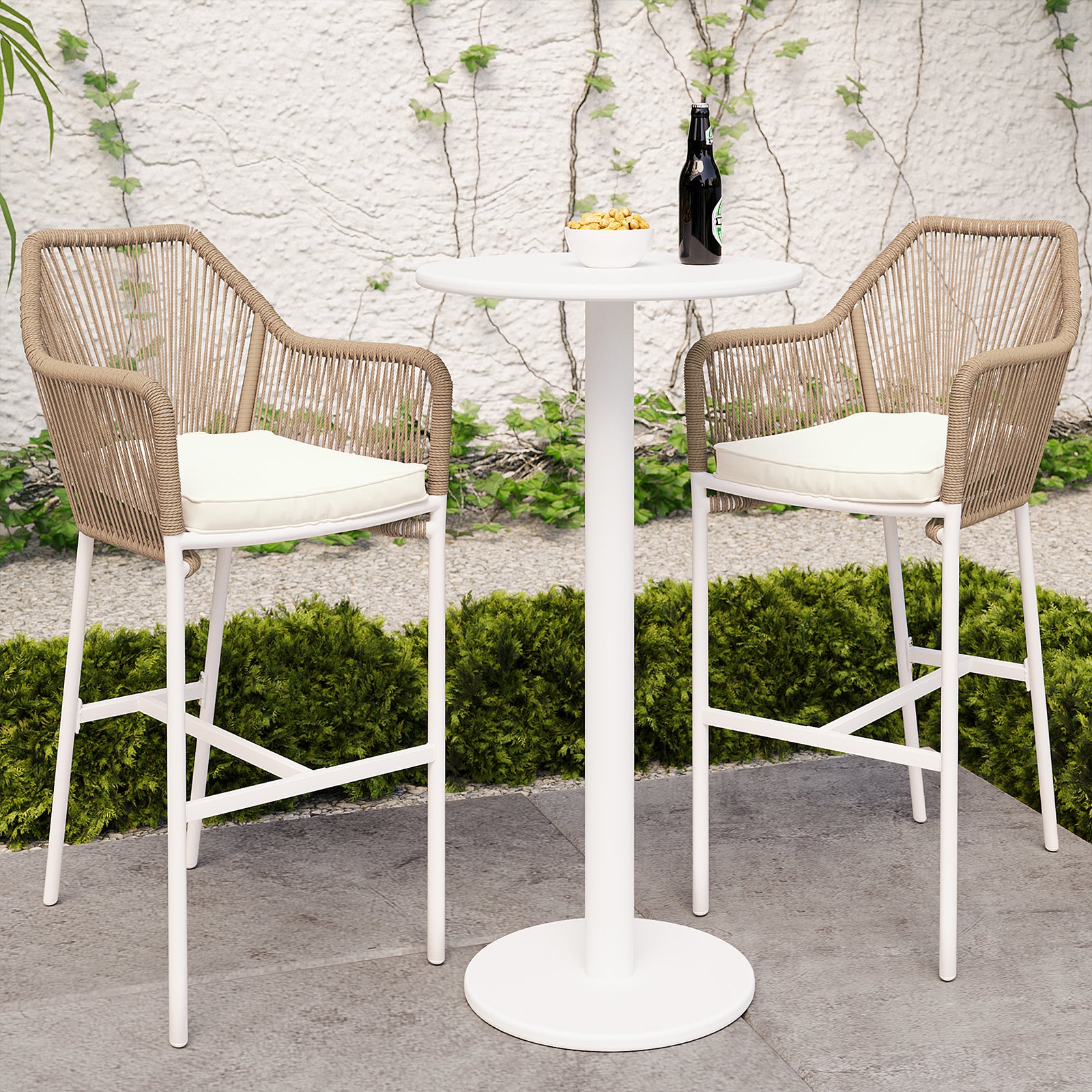Luzon with Tablas Wicker Outdoor Package features a stylish outdoor setup with a bar table and stools, visible for al fresco dining, showcasing modern design and durable materials for versatile use.