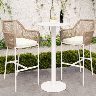 Luzon with Tablas Wicker Outdoor Package features a stylish outdoor setup with a bar table and stools, visible for al fresco dining, showcasing modern design and durable materials for versatile use.