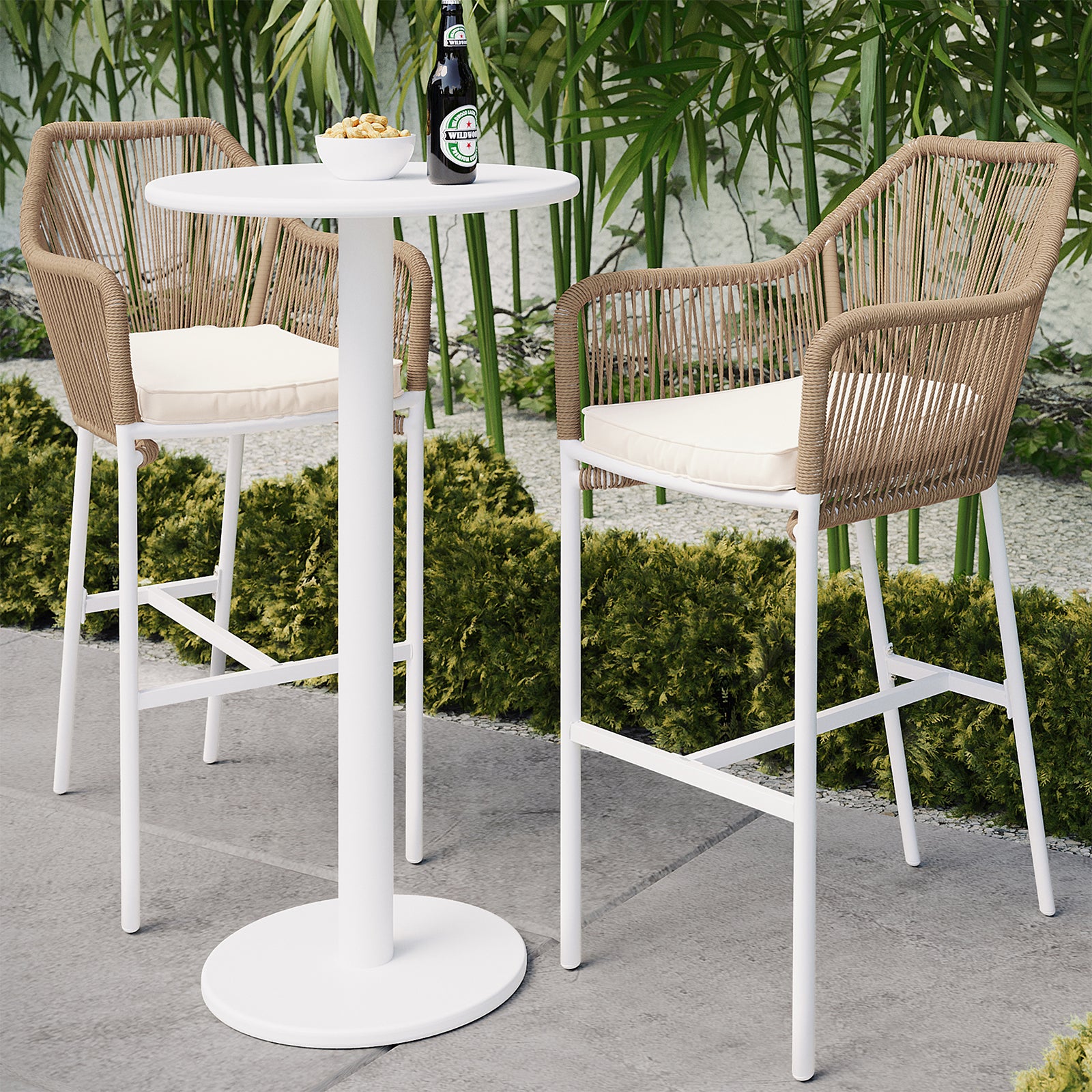 Close-up of the Luzon with Tablas Wicker Outdoor Package, featuring a sleek bar table and wicker bar stools, ideal for enhancing outdoor spaces with style and comfort.