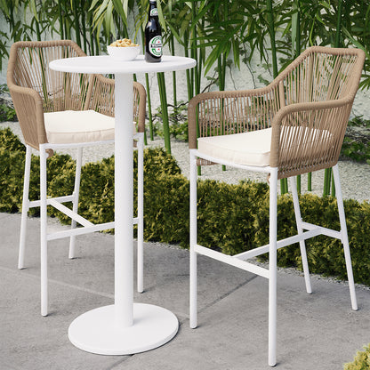 Close-up of the Luzon with Tablas Wicker Outdoor Package, featuring a sleek bar table and wicker bar stools, ideal for enhancing outdoor spaces with style and comfort.