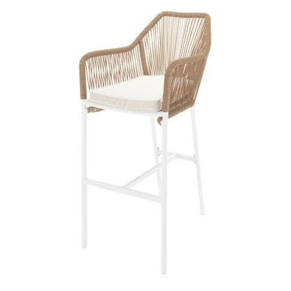 Close-up of the Luzon with Tablas Wicker Outdoor Package, highlighting a chair with armrests and a cushion, showcasing its stylish design suitable for both indoor and outdoor spaces.